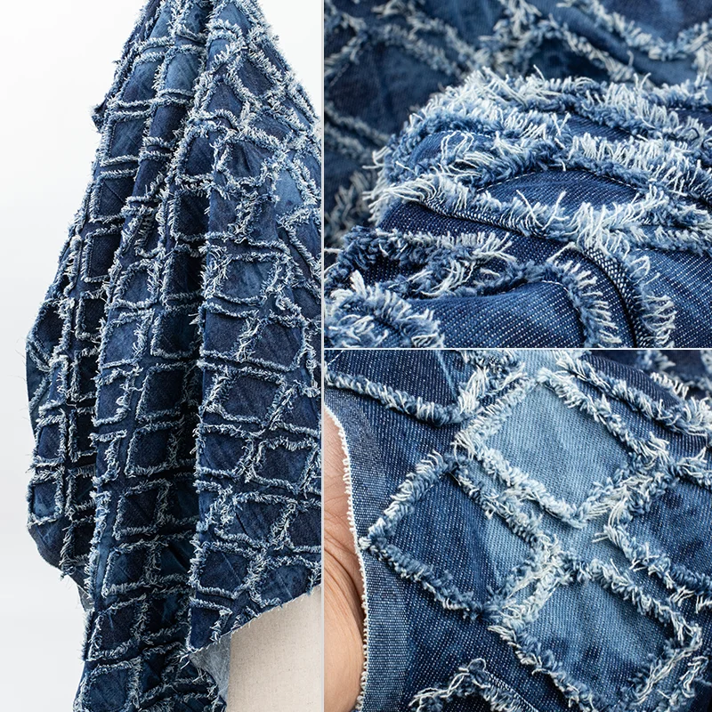 Geometric Denim Plaid Three-Dimensional Texture Thickened Creative Washed Cloth Coat Clothing Designer Fabric