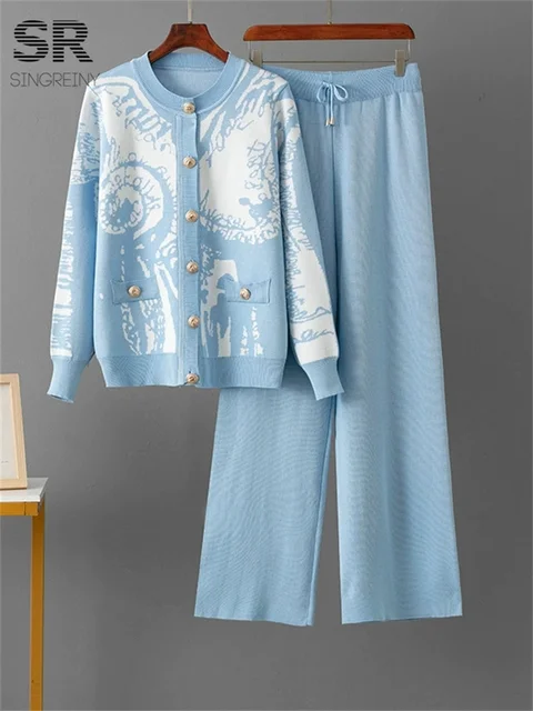 SINGREINY Jacquard Winter Knitted Suits Women Single Breasted Cadigan+Wide Leg Long Pants Autumn Casual Sports Loose 2pcs Set