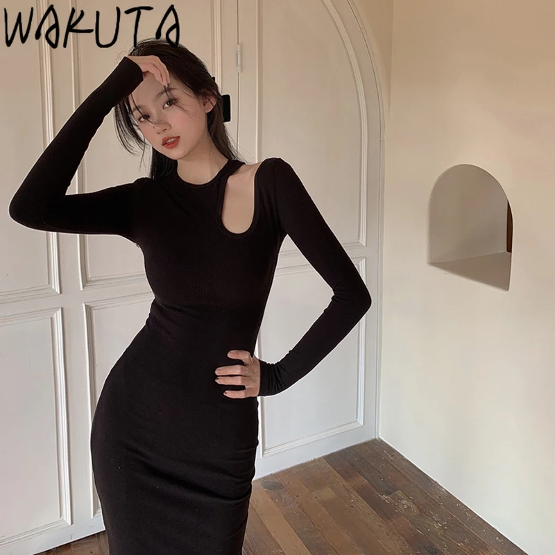 WAKUTA-Robe Slim à Manches sulfpour Femme, Tenue Élégante, Taille Haute, Sexy, avec Poches, Vintage, Nouvelle Collection Printemps 2024