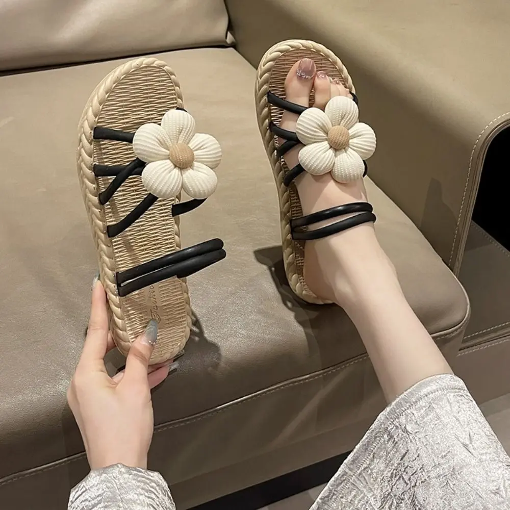 

Anti-skid Women Flat Slippers Vacation Wear-Resistant Summer Flower Slippers Weave Design Female Sandals Beach Flip Flops Home