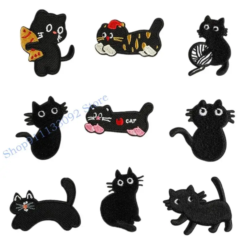 H9ED 9 Pcs Cartoon Animal Embroidered Patches Cats Iron on Patches Repair Patches Kitten Sewing Patches for Clothes Bag