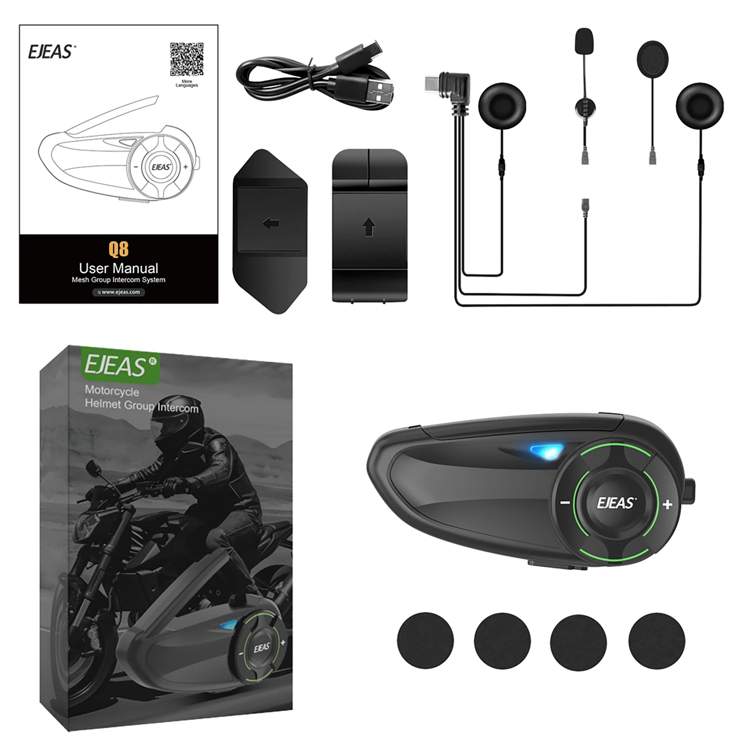 1 Set DC5V Q8 Motorcycle 3.0 Mesh Group Intercom Helmet Bluetooth Headset For 6 Riders Talking At The Same Time