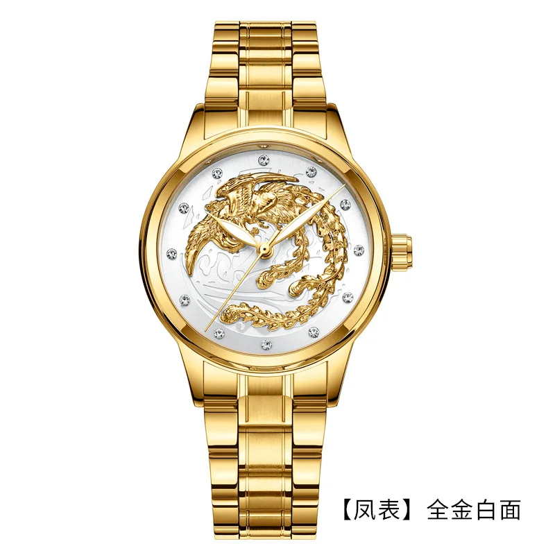 FNGEEN coppia Luxury Full Gold Clock Big Dial Dragon Phoenix impermeabile uomo donna calendario luminoso data orologi al quarzo rotondi