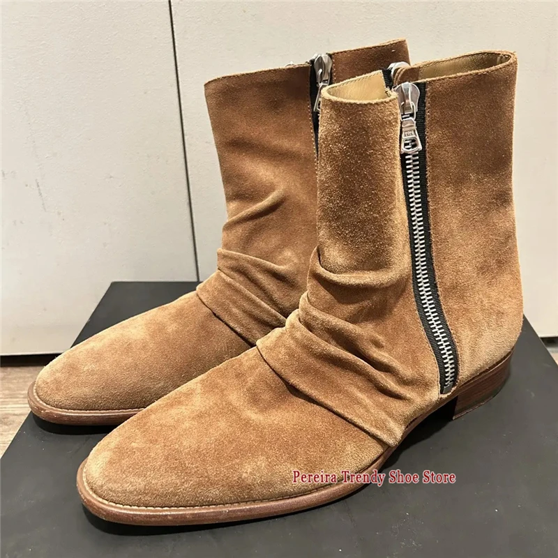 

Trendy Brown Cowhide Men's Chelsea Boots British Style Frosted Leather Round Toe Double Zipper Short Boots Male High Top Shoes