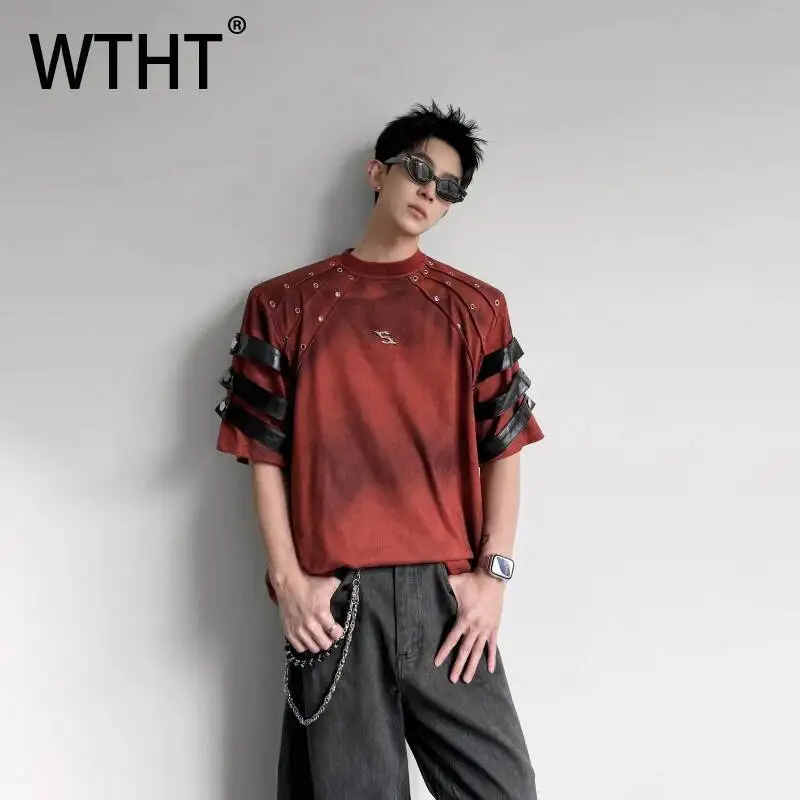 WTHT Vintage Men's Spliced Leather Bandage Rivet Do Old T-shirts Fashion Heavy Industy High Street Tops Male 2026 Summer 2A3013