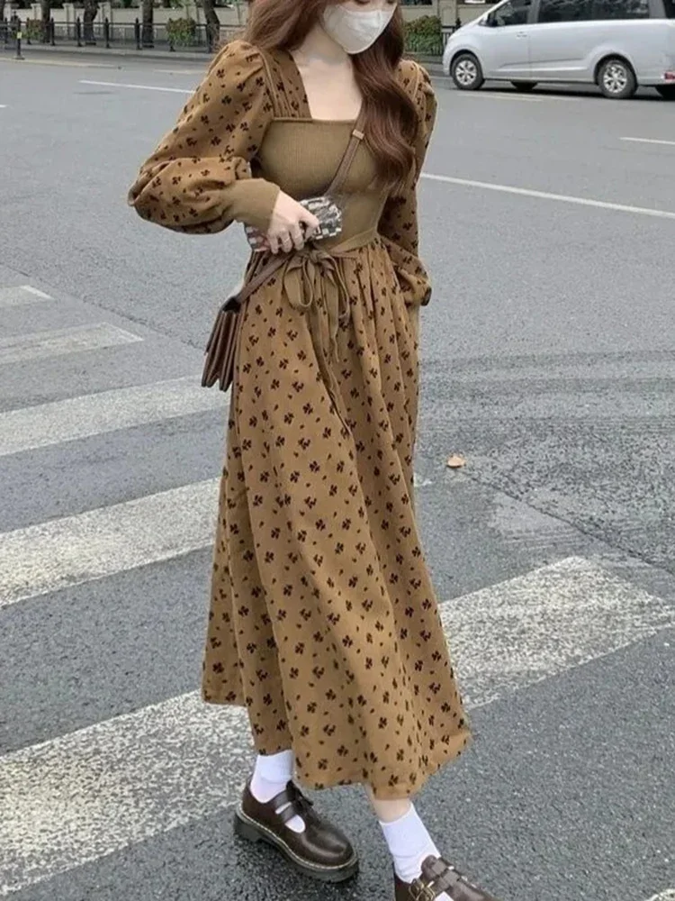 ชุดเดรสไหมพรมลายดอกไม้ คอเหลี่ยม สไตล์เกาหลี สำหรับผู้หญิง ฤดูใบไม้ผลิ ฤดูใบไม้ร่วง แบบ 2 ชิ้นในตัวเดียว