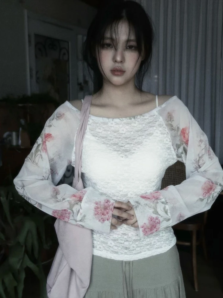 Y2k Spicy Girl Style T Shirts Skew Collar Off Shoulder Lace Floral Design Tops Slim Tees All Match Aesthetics Women's Clothing