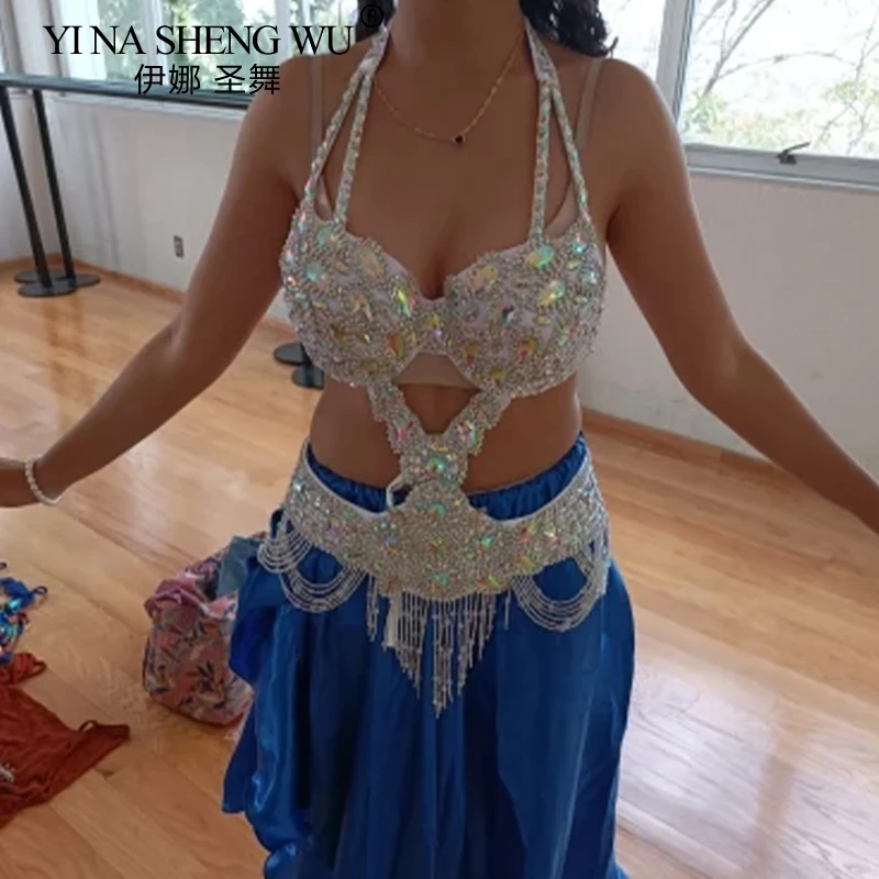 Conjunto de traje de danza del vientre para mujer, Top con cuentas, sujetador y cinturón, traje de danza del vientre, traje de baile Bollywood femenino, 3 colores, 2 piezas