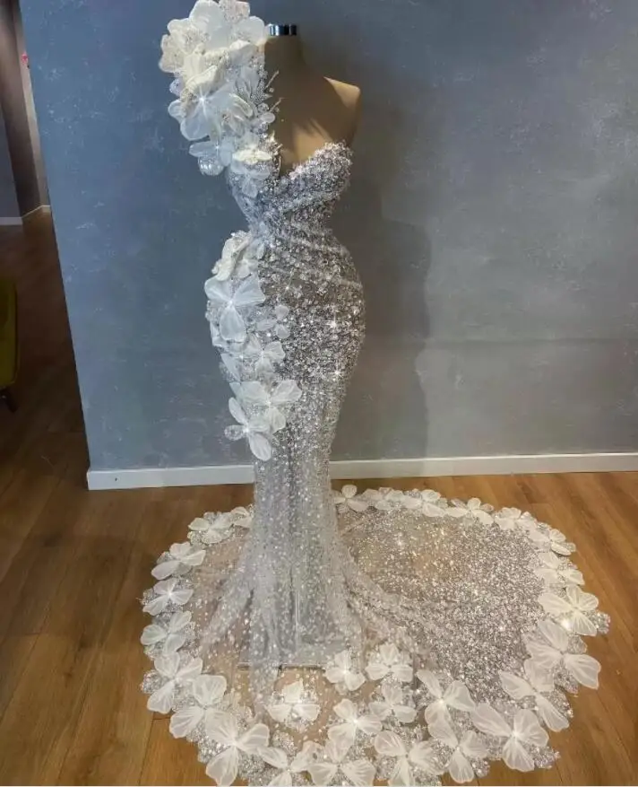Abito da sposa a sirena a collo alto con lacci corsetto di cristallo lungo con paillettes abiti da sposa in rilievo applique floreale Robe de mariee