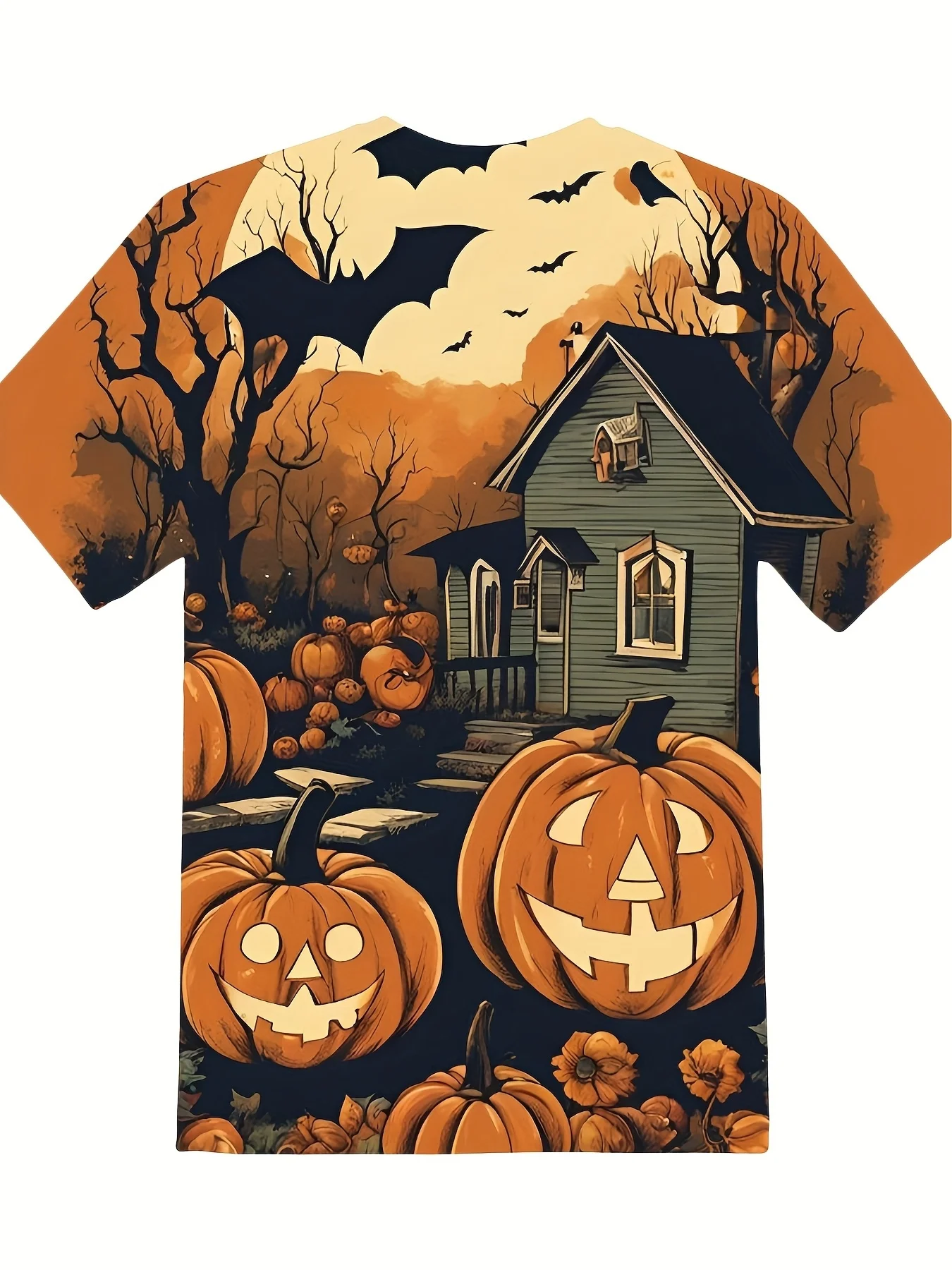 Women T‑shirt Short Sleeve Halloween Haunted House Pumpkin Bat Tree Print Crew Neck Casual Summer Tee Top Women's Clothes