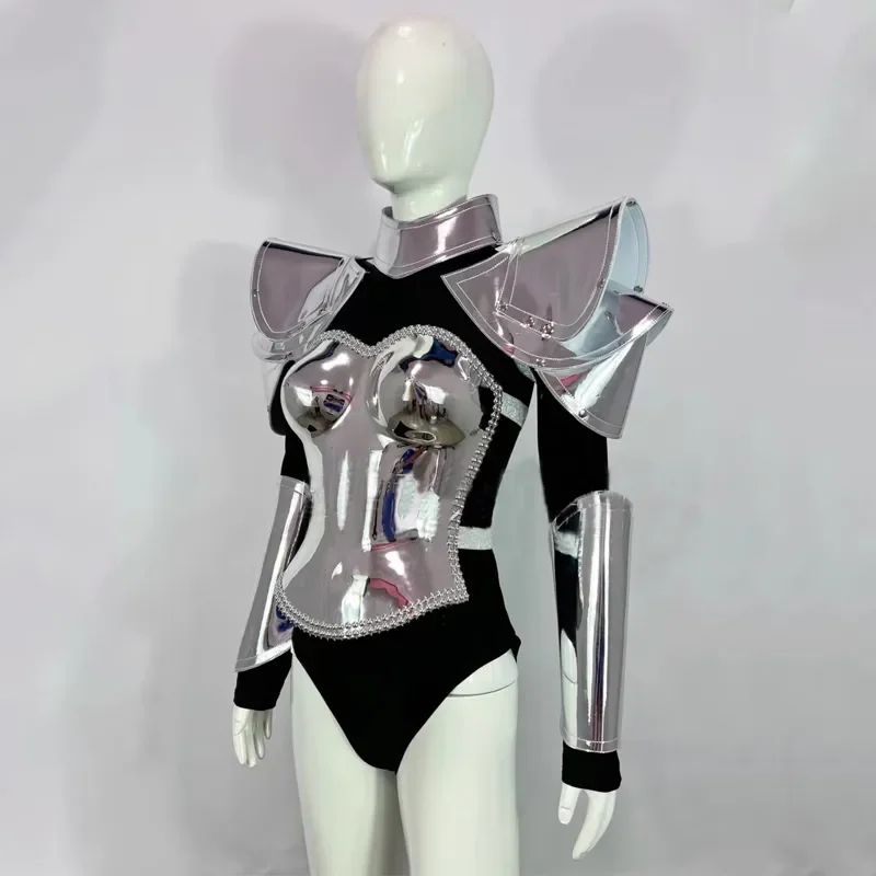 Nightclub DJ Gogo Costume Punk Style Silver Laser Bodysuit Women Pole Dance Clothes Rave Outfit Stage Performance Wear