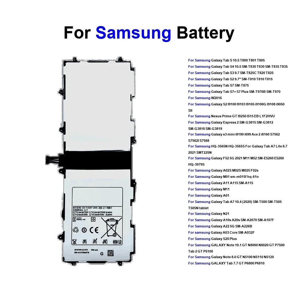 

Battery For Samsung Galaxy A03 S20 A22 A10S N21 A01 S2 S3 A11 M11 A02S M01 W2016 F52 5G Mini Note N5100,Tab S S4 S7 S7+ A7