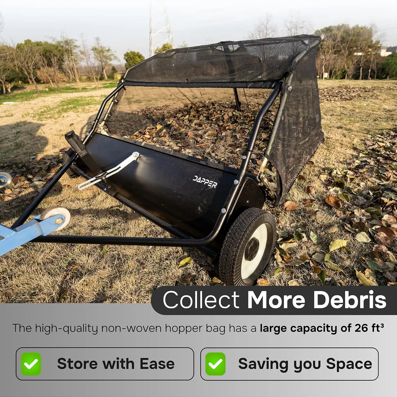 سحب مكنسة العشب الخلفي، 26 قدم مكعب. مكنسة عشب كبيرة الحجم خلفها، مجمع أوراق الشجر شديد التحمل مع حبل قلاب #5