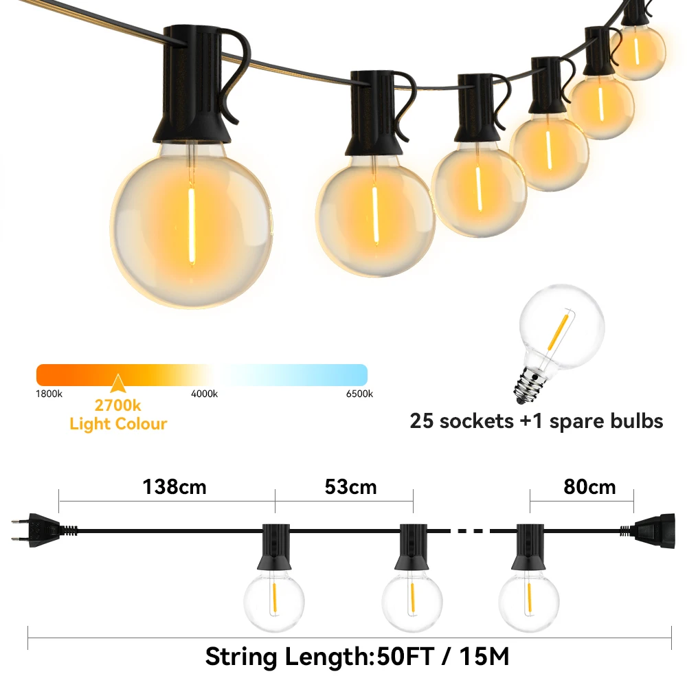 24M G40 LED String Light Fairy Outdoor Light Garland Retro Wedding Backyard Decoration Garden Patio Light String