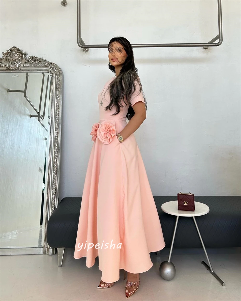 Prom Dress Yipeisha Classic Modern Style Formal Evening O-Neck A-line Flowers Draped Satin Bespoke Occasion Dresses Saudi Arabia