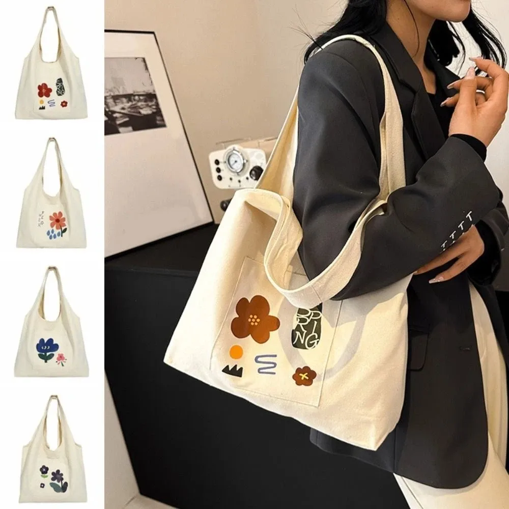 

Cartoon Korean Style Flower Tote Bag Versatile Handbag Canvas Shoulder Bag Large Capacity Sweet Women's Armpit Bag Ladies