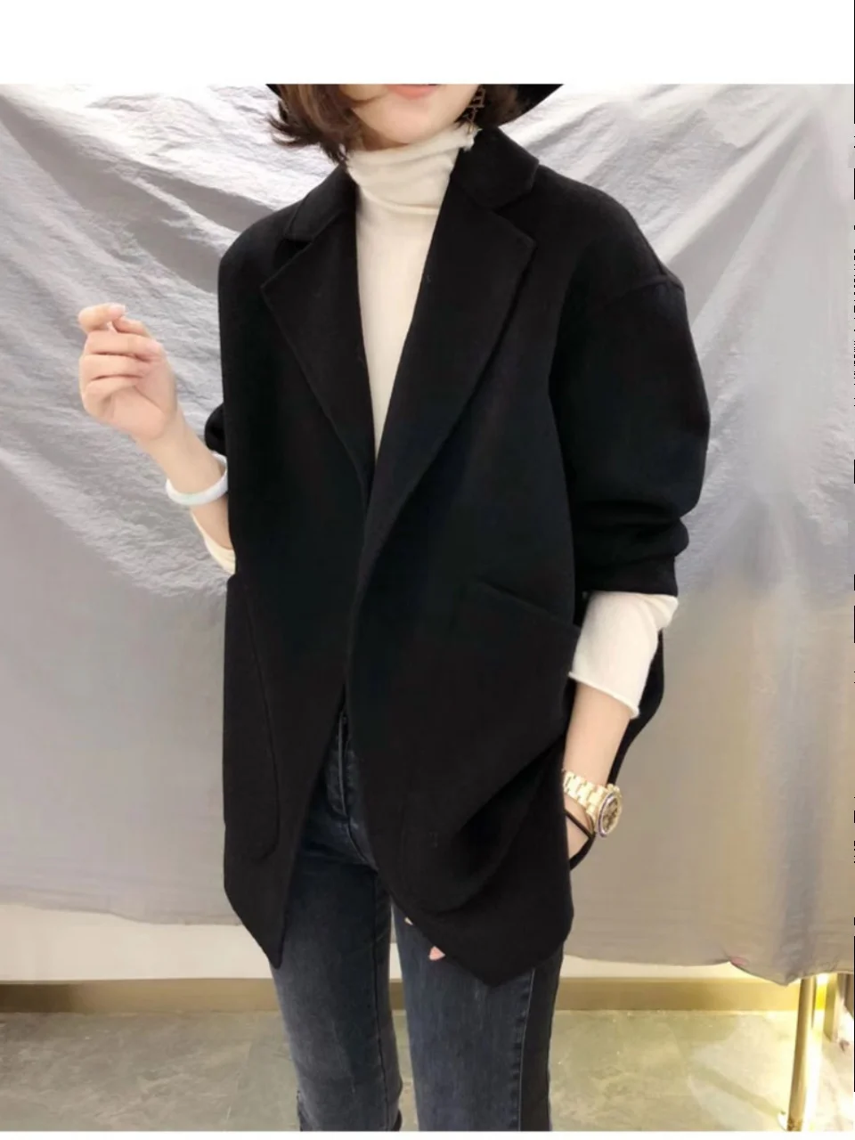 

Double-Sided Camere Woolen Coat Women's Loose Silken pe Autumn New Sle European Goods Faionable Ladies' Outerwear