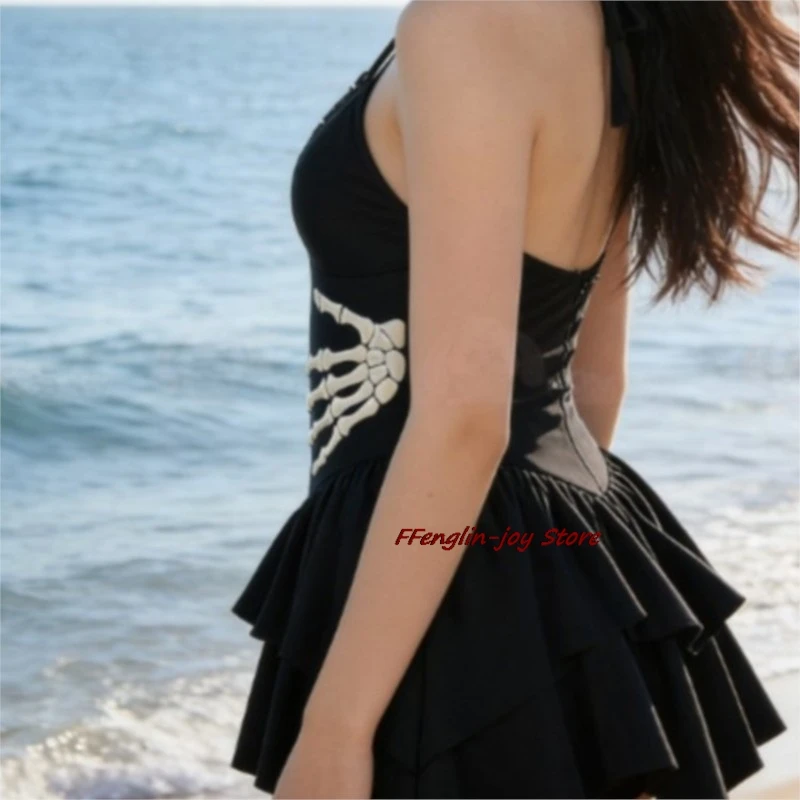 

disfraz Gothic Bone Print Two-Piece Swimsuit Cosplay Swimwear Feminine Dark Aesthetic Y2k Gothic Dress fille コスプレ