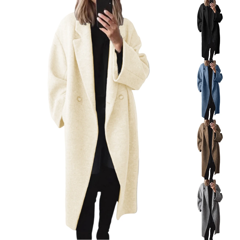 Dames casual lange trenchcoat voor herfst en winter met cardigan-halslijn en micro-elastisch polyester materiaal