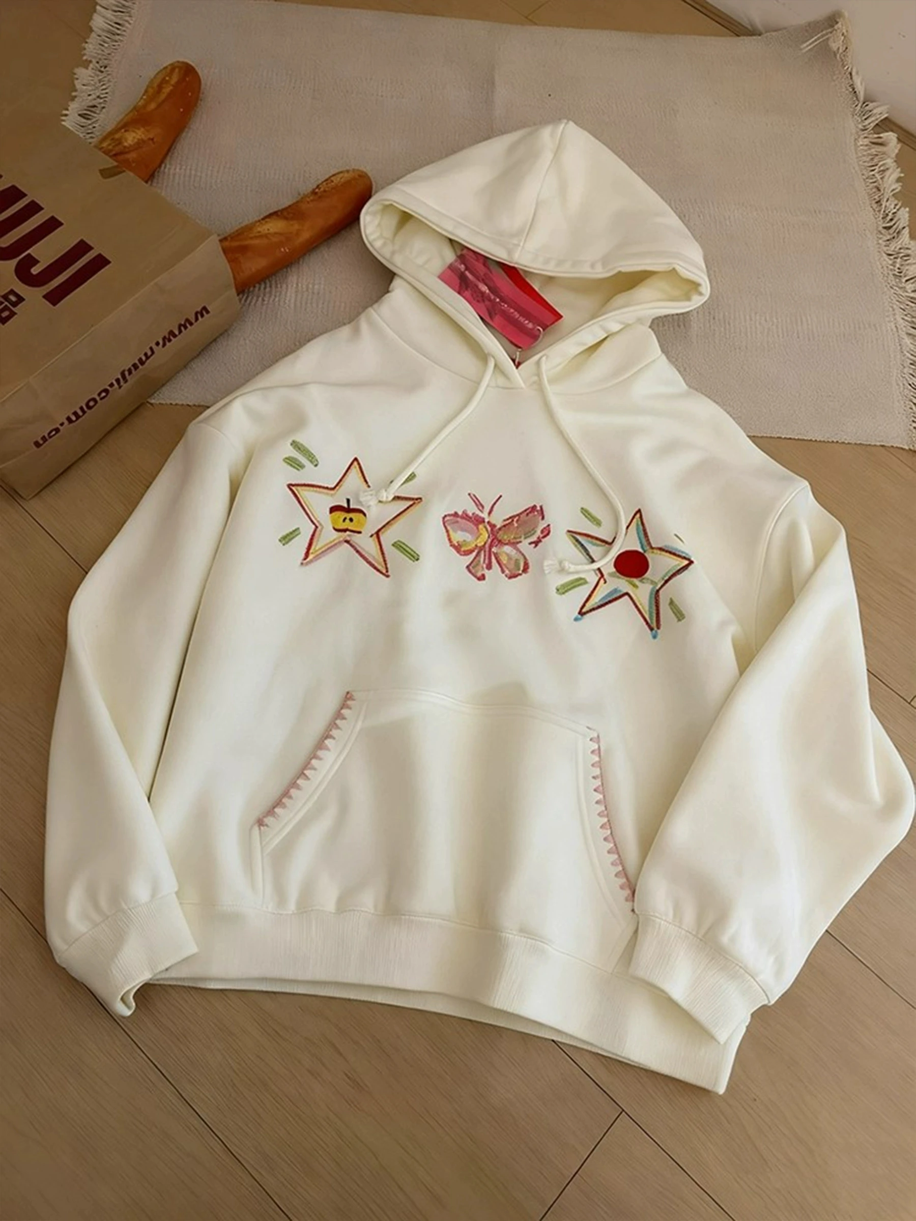

Korean Sle Oversized Fce Lined Hoodie Women's Autumn Winter Thiened Embroidered Sweatirt Loose Fit Comfortable Top