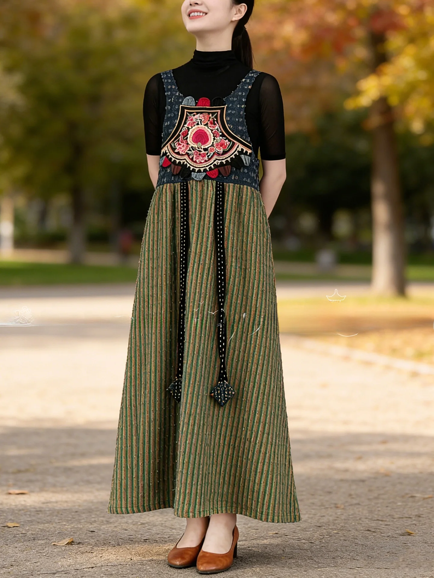 

Новое осеннее китайское платье 2025 года с тяжелой вышивкой, свободного кроя, для женщин, из дышащего льняного материала, с завышенной талией