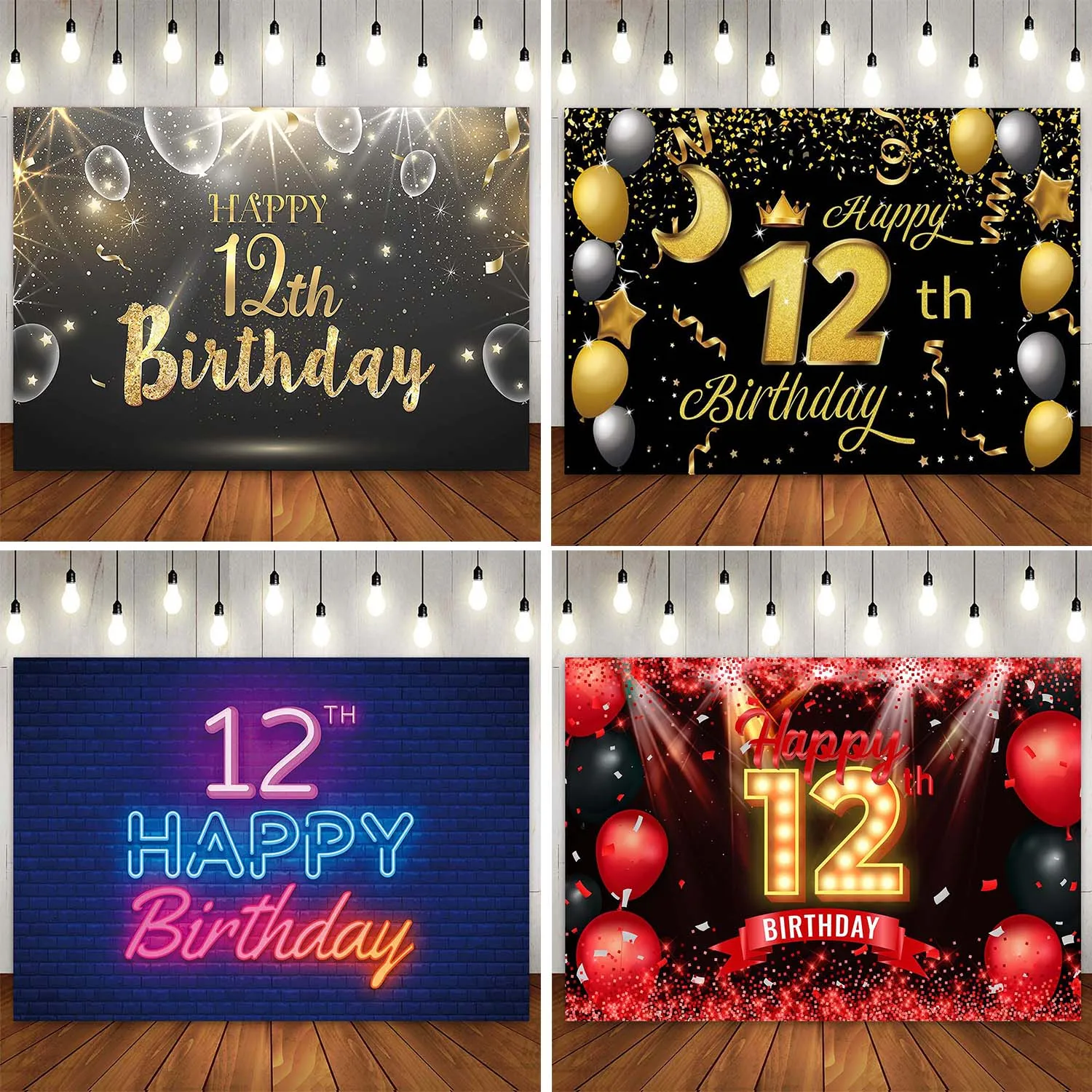 

Happy 12th Birthday Party Decor Banner Backdrop Blue Red Silver Black Gold 12 Years Old for Girls Boys Photography Background