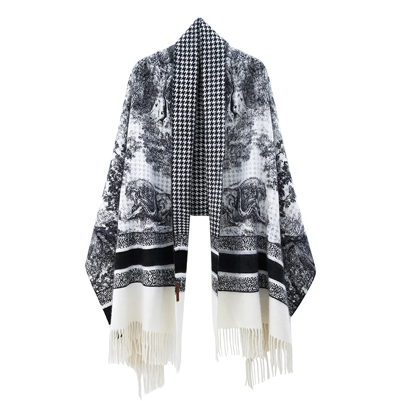 

100% pure cashmere scarf female brand high-grade high-grade thousand bird lattice knitted with double-sided dual-purpose cape