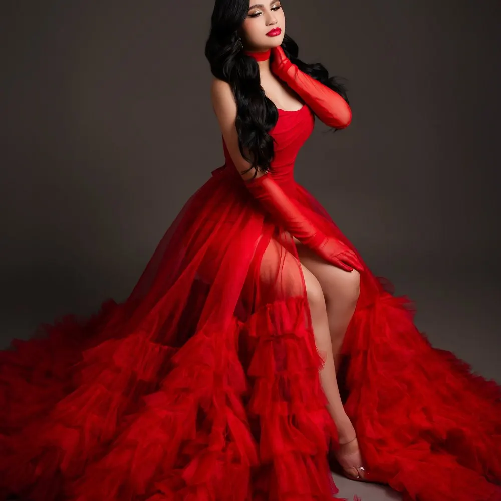 

Red Tulle Butterfly Wing Skirt, High Waist A‑Line Evening Party Skirts, Summer Festival Boho Chic Layered Ruffle Skirt, Trending