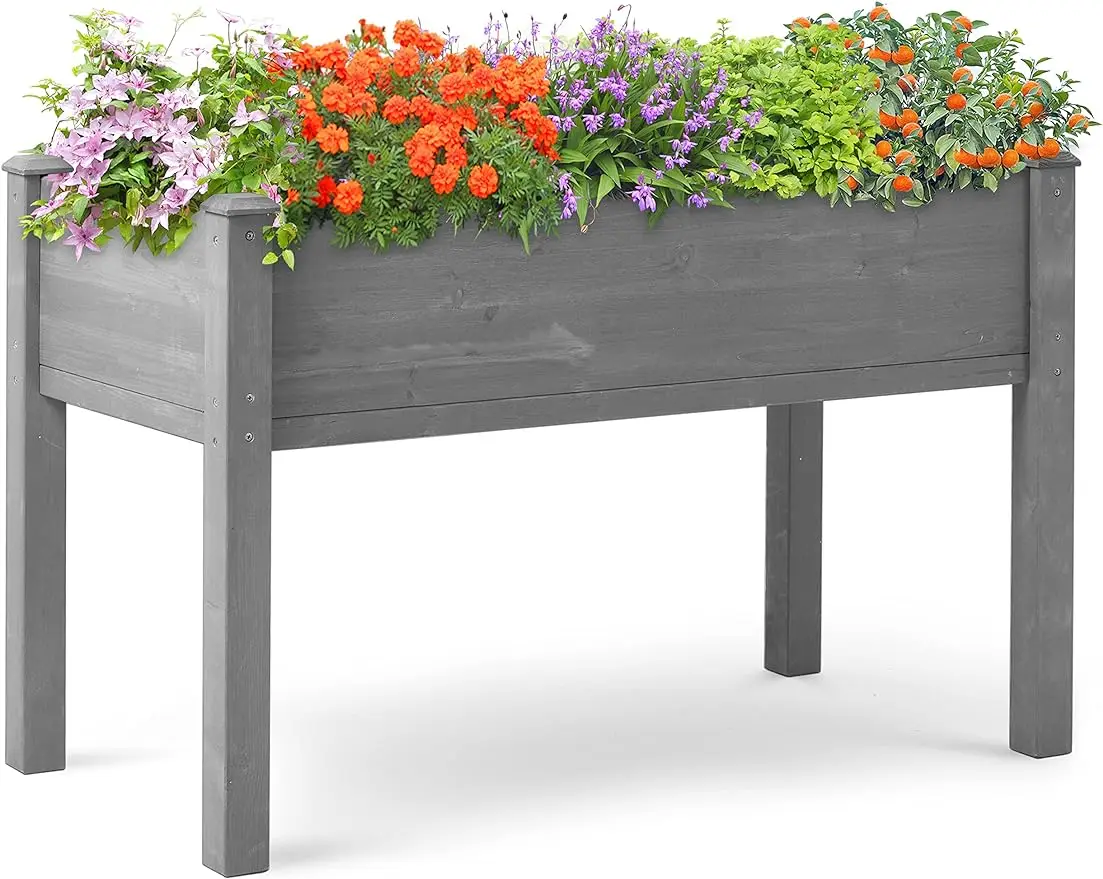 

Raised Garden Bed with Legs, Outdoor Wood Elevated Planter Box, Grey Cedar/Dark Brown, Thick Legs, w/Liner