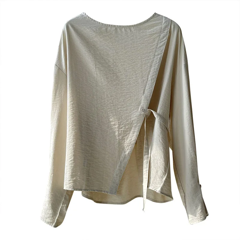 Camicia a maniche lunghe da donna primavera autunno, girocollo in vita in stile coreano, top da donna dimagrante con coulisse, abiti casual