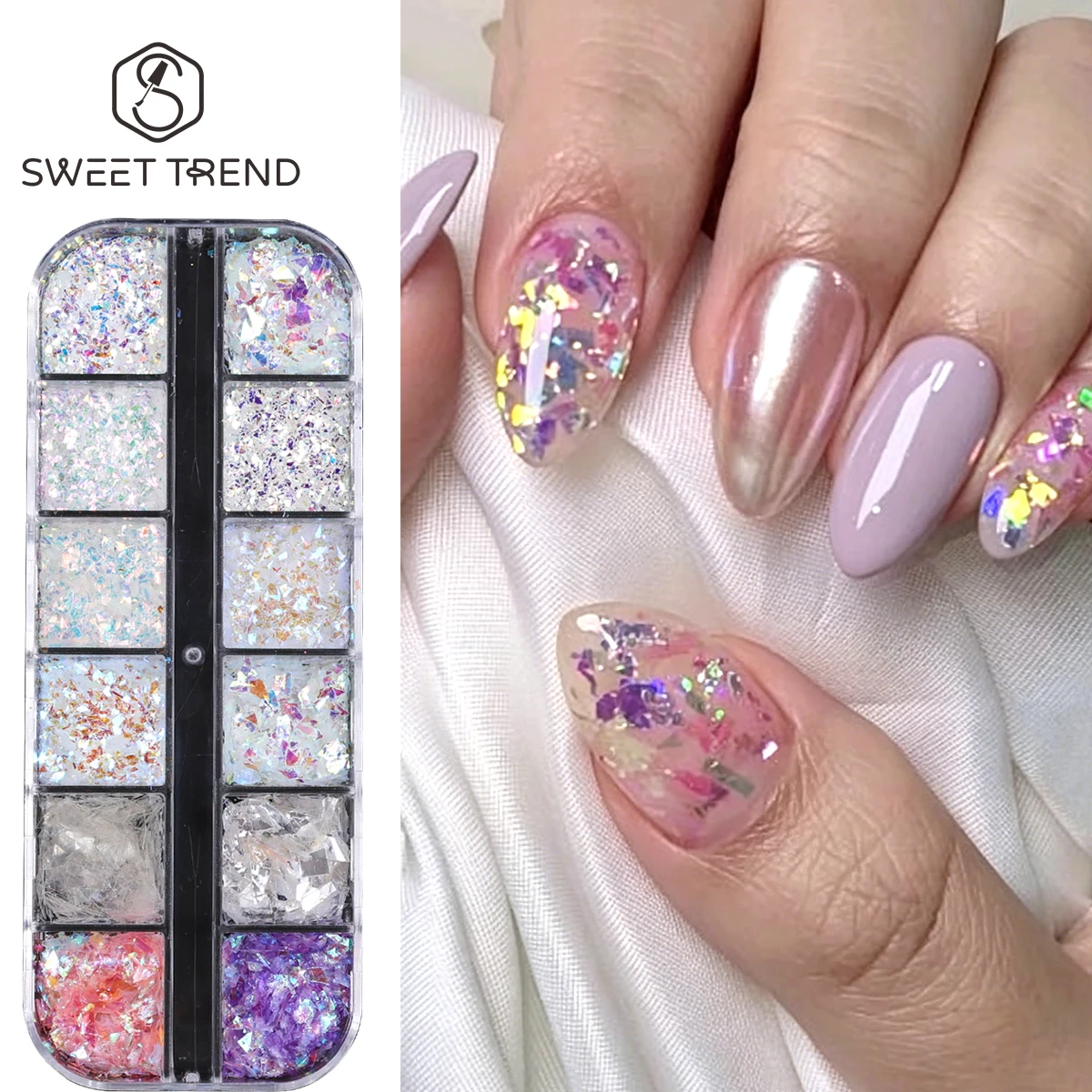 12 compartiments de paillettes irrégulières sirène pour ongles, irisées, effet brisé, paillettes d'été, cristal aurore, pour décoration de manucure scintillante