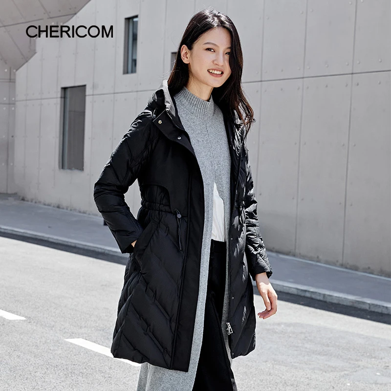 

Chericom Mid-Length Hooded Down Jacket with Windproof Cuffs Slant Pockets Zipper Placket and Drawstring Waist Coat Y289070Y