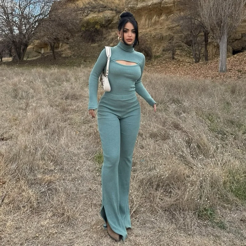 

Two-piece Set For Women Fashion New 2025 Spring Autumn Sexy Hollow Long Sleeve Slim Tall Neck Streetwear Straight Trouser Suit