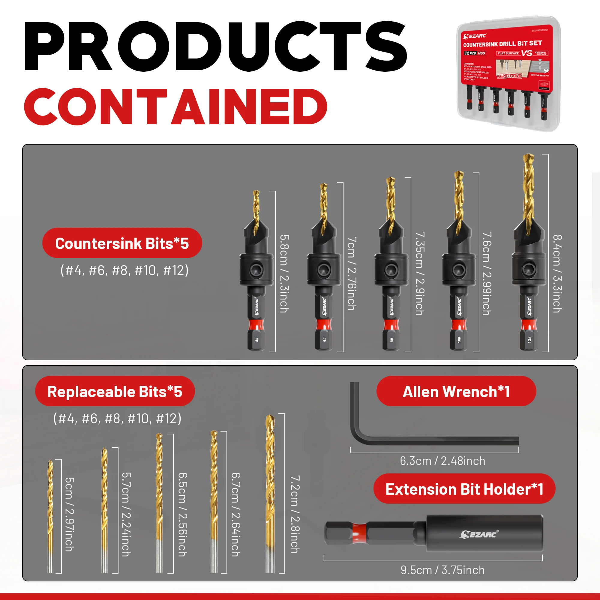 12PCS Countersink Drill Bit Set, Counter Sink Drill Bit Adjustable #4, #6, #8, #10, #12, Magnetic Extension Bit Holder for Woodworking with Storage Box