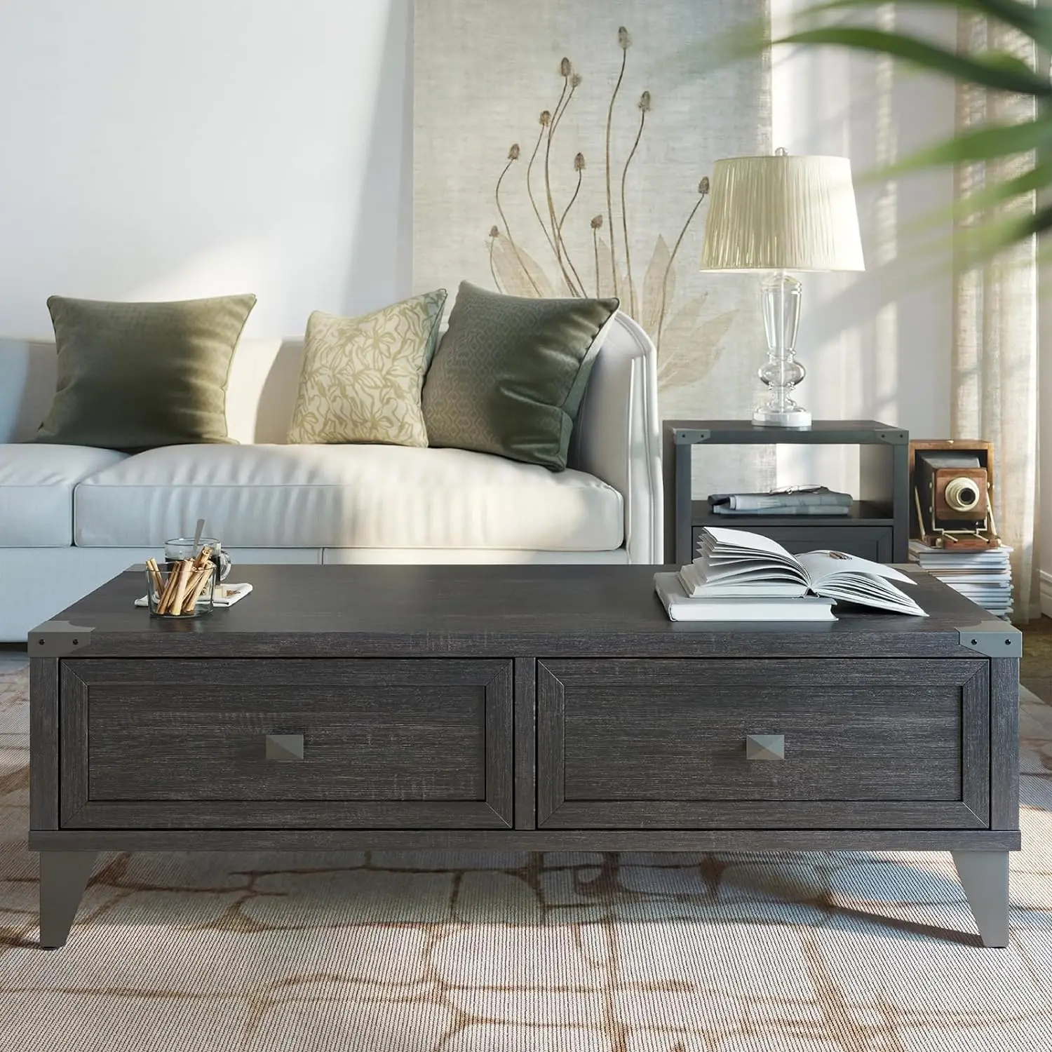 

Coffee Table with Storage Drawers, Farmhouse Coffee Tables with Hidden Compartment, Rustic Cocktail Table for Living Room