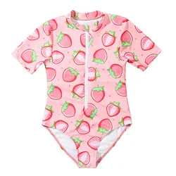 Pink Strawberry Teenage Girls One Piece Swimsuit 7-12 Year Kids Swim Suit Zipper Children's Swimwear 2024 Surf Bathing Suits