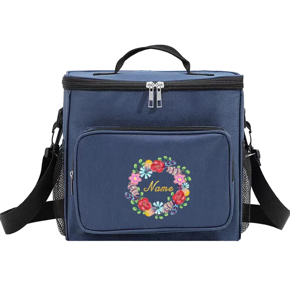 Customizable Name Blue Lunch Bag Insulated Handbag Multi Functional Waterproof Picnic Lunch Box Suitable for Picnic Camping