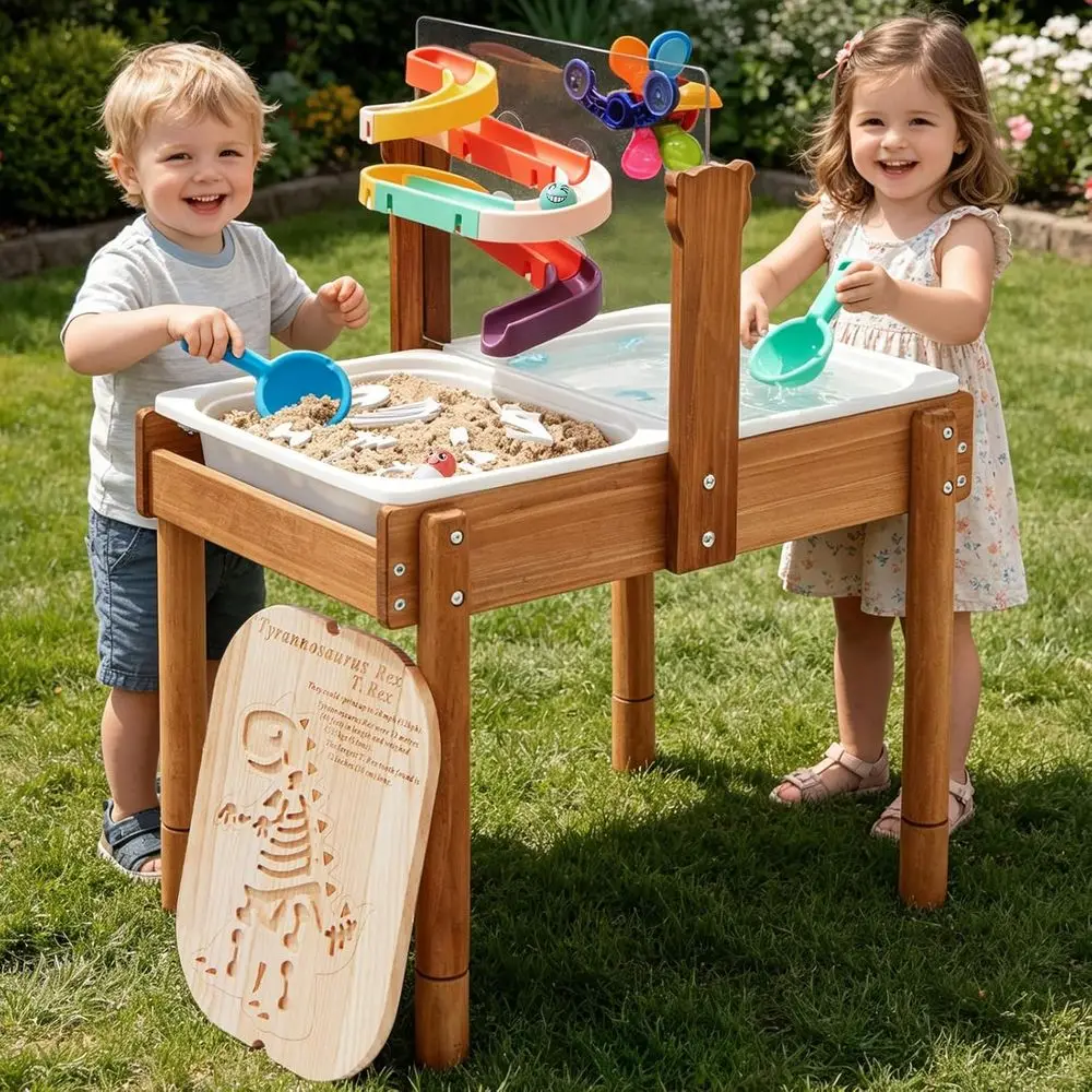 

4-in-1 Wooden Sensory Table for Kids: Outdoor Toys, Collapsible Bins, Acrylic Board, Dinosaur Puzzle, Water Play