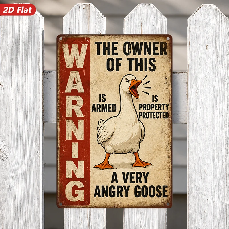 2D Flat, 1pc Angry Goose Warning Metal Sign Wall Art, Home Decor, Warning Text, Hissing Goose Illustration, Distressed Vintage T