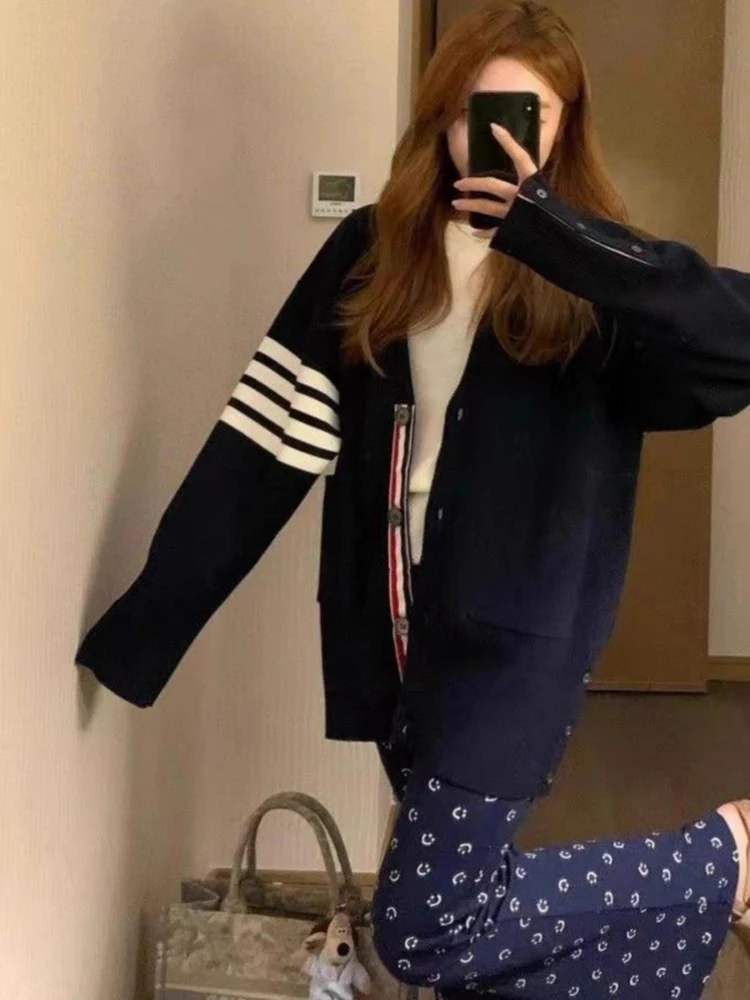 Korean Sle Early Autumn Aosphere Striped Color Blo Knitted Cardigan Women's Autumn Winter College Sle Sweater Jaet