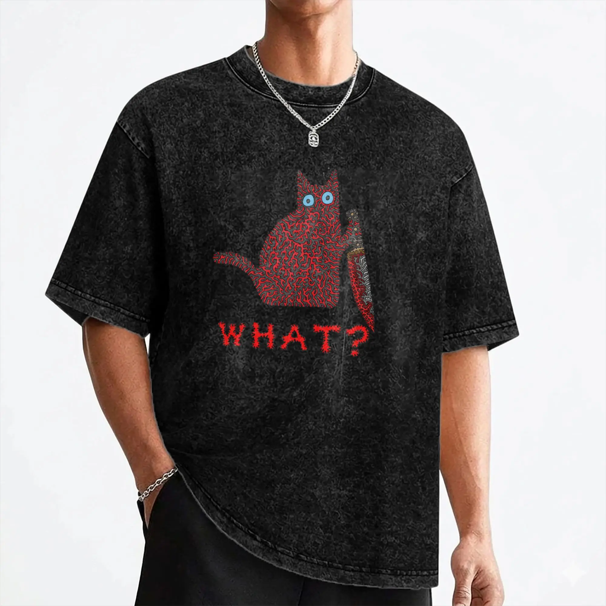 What Cat With a Knife Washed T Shirts Streetwear Hip Hop Cool T-Shirt  Tees Men Women 100% Cotton Oversize Graphic