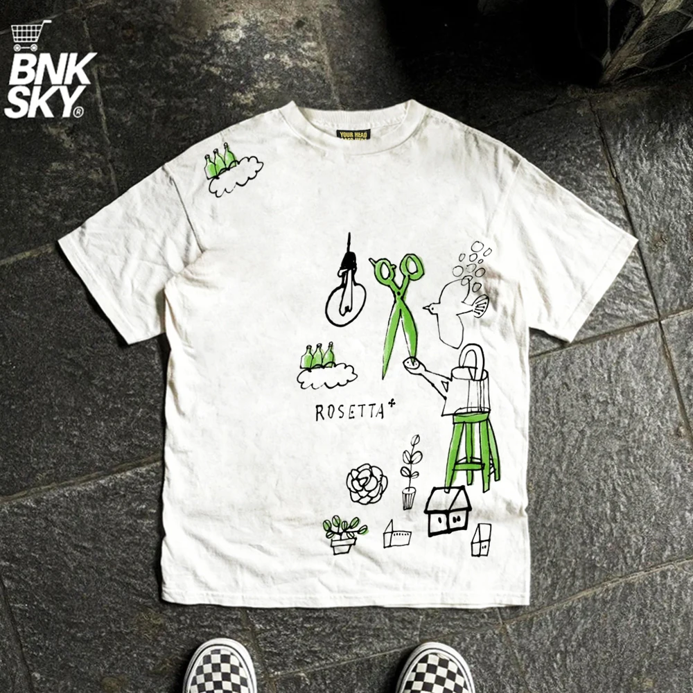 Lightweight High-density Graffiti Couple Short-sleeved T-shirt by Wang Studio 220G Thin Non-transparent Unique Design Streetwear