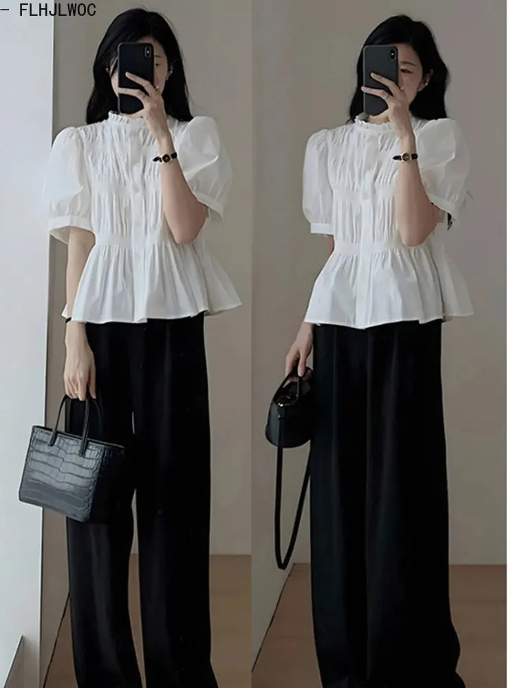 Hot Sales Peplum Korea Chic Tops Blusas Holiday Transparent Button White Shirt FLHJLWOC 2023 Design Women Blouses