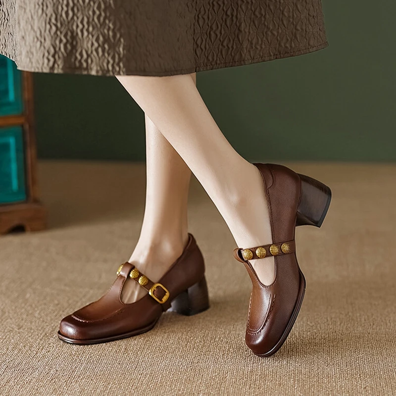 NEW Spring Women\'s Pumps Genuine Leather Shoes for Women Square Toe Chunky Heel Shoes Retro Buttons Mary Janes Retro Brown Shoes