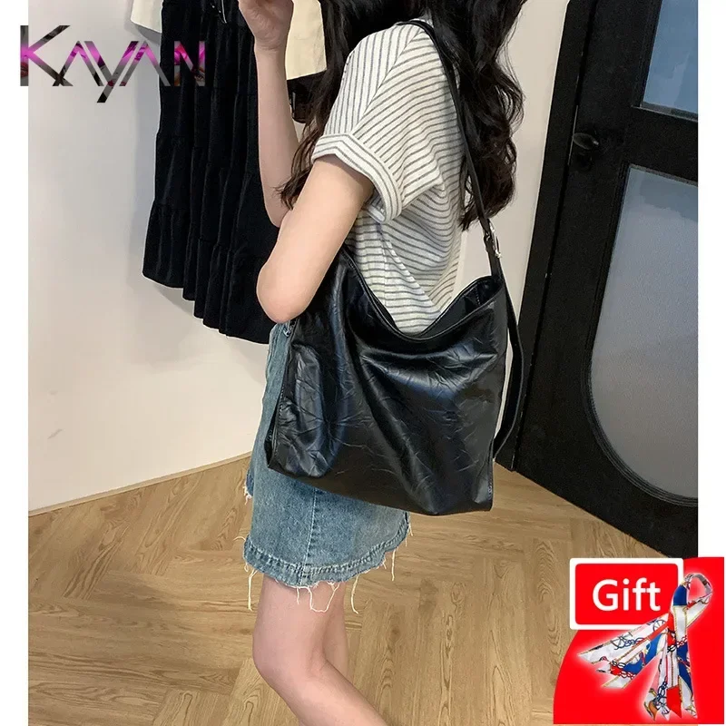 

Large Size Soft Ruched Genuine Leather Women Shoulder Hobo Bag Casual Trend Female Cowhide Crossbody Messenger Bag Underarm