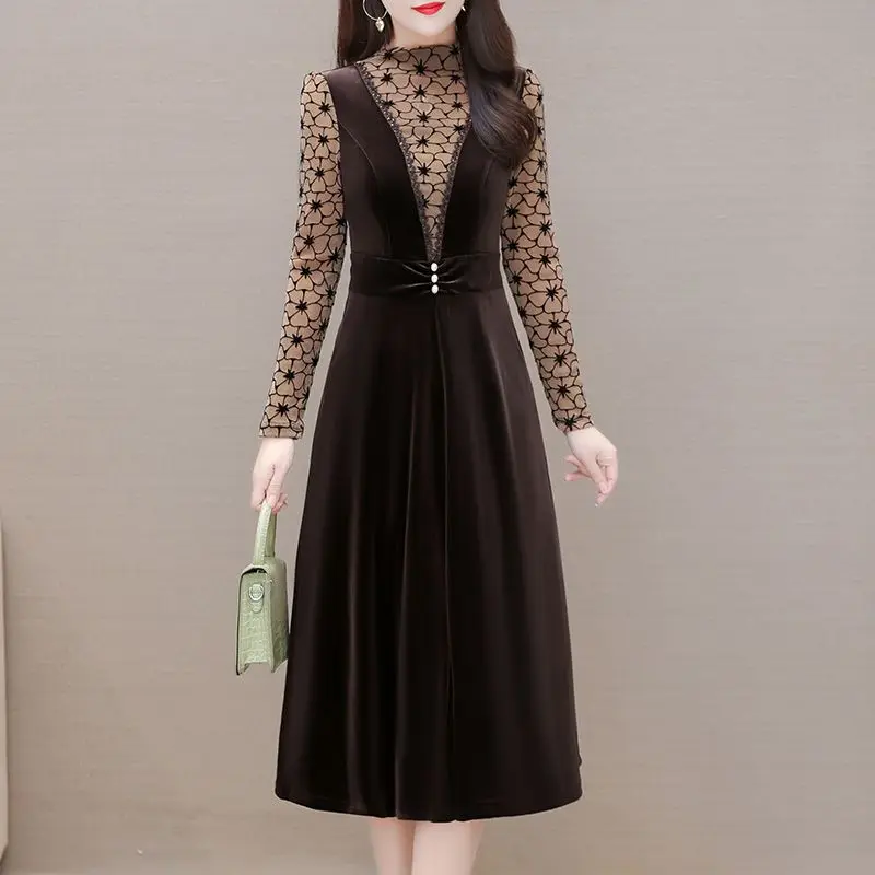 

Commute Half High Collar Dresses 2024 Spring Autumn Fake Two Pieces Female Lace Fashion Floral Printed Spliced Velvet Midi Dress