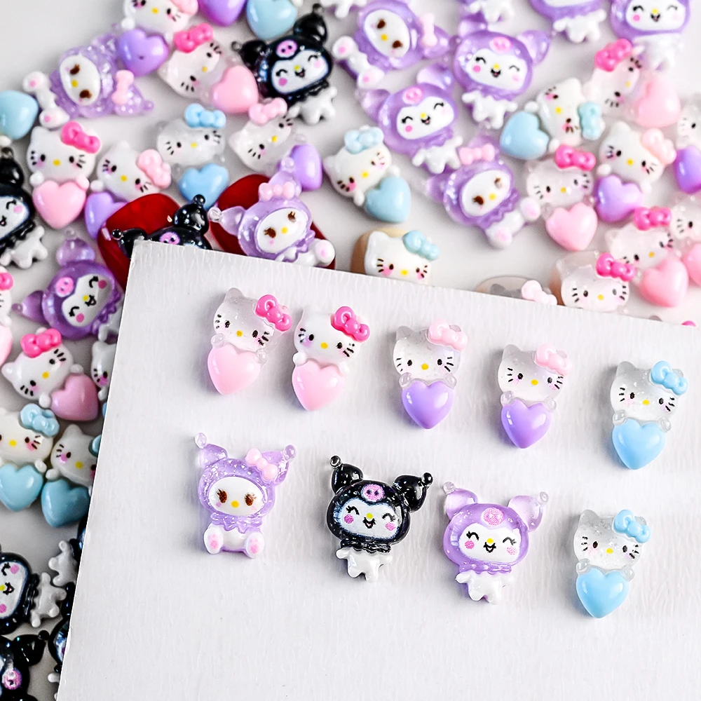 10 шт. Kawaii розовое синее сердце Hello Kitty подвеска для ногтей смола мини-мультфильм Kuromi дизайн ногтей с плоской задней частью горный хрусталь DIY поделки для ногтей