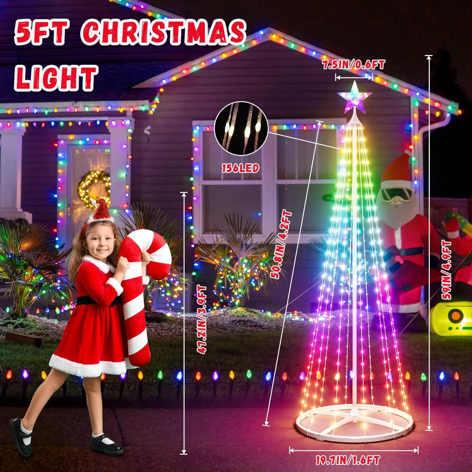 5FT LED Christmas Tree Smart Bluetooth App Control Outdoor Decoration Waterproof RGB  Millions of Colors DIY High