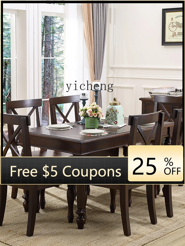 HYS Solid Wood Table Rectangular Dining Chair Combination Roman Column Dining Table Furniture