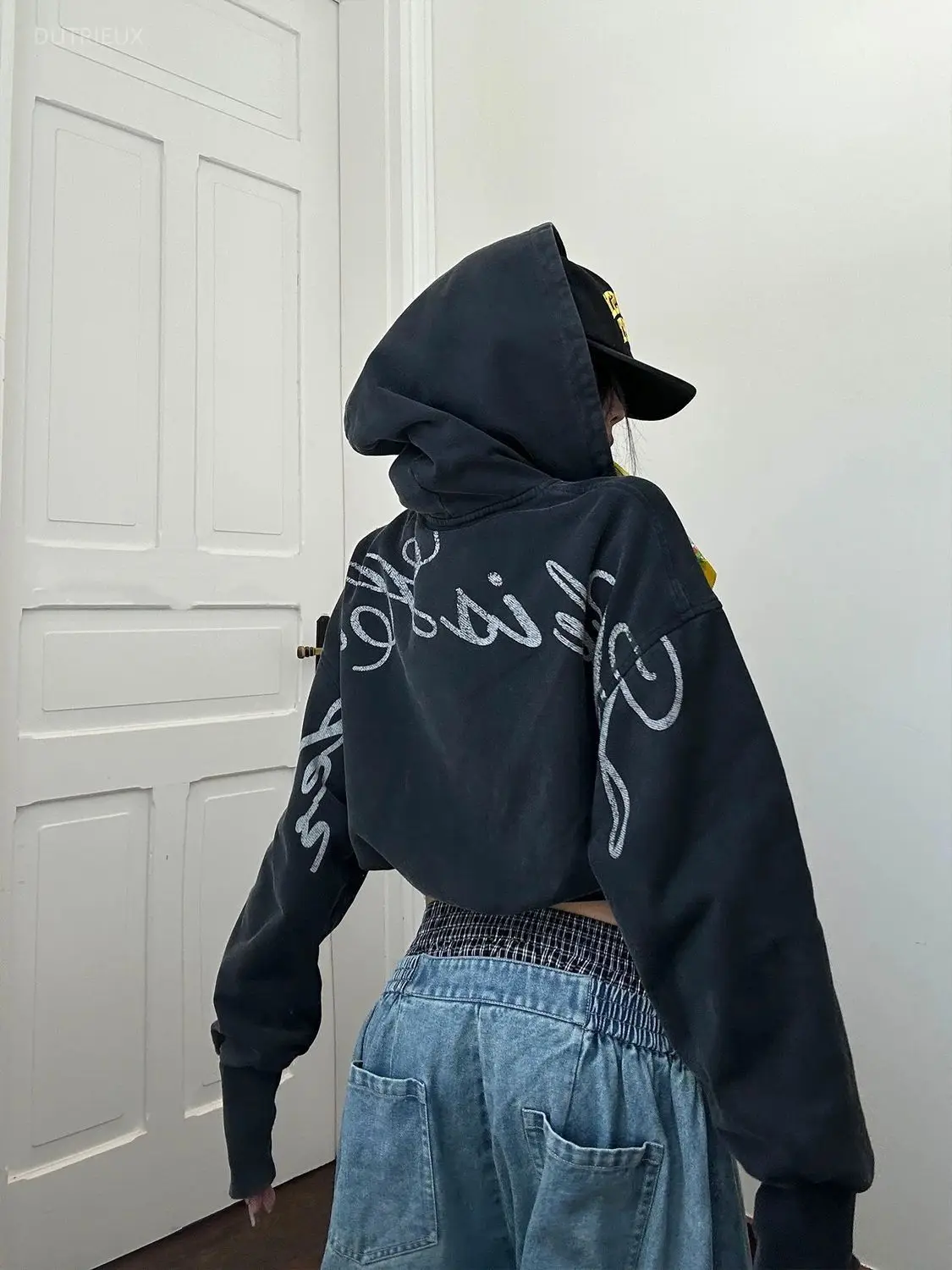 Short Bat Casual Hooded Black Letter Sweatshirt Jacket For Women Gothic Grunge Sudaderas Y2k Oversized Hoodie Printed